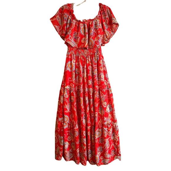 Red Paisley Floral Print Off-Shoulder Boho Chic Bohemian Tiered Maxi Dress Sz 6 - Picture 1 of 16